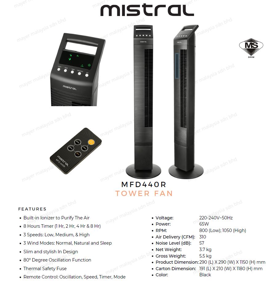 Mistral 115cm Tommy Tower Fan MFD440R